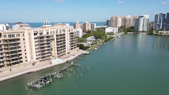 beautiful fast-moving aerial of downtown Sarasota, Florida, and the apartments and condominiums of G