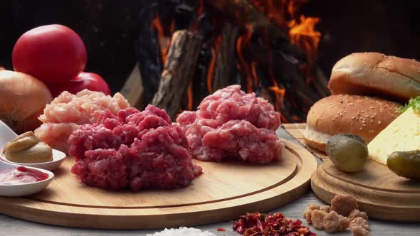 Various Kinds of Minced Meat on the Board on the Background of an Open Fire