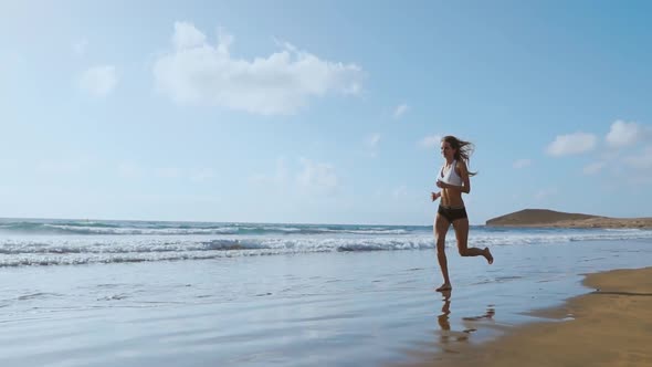 Running Woman, Female Runner Jogging During Outdoor Workout on Beach., Fitness Model Outdoors.