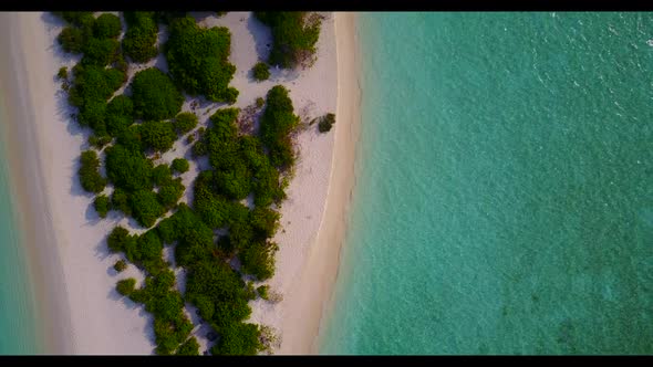 Aerial drone panorama of relaxing resort beach time by clear sea with white sand background of a day