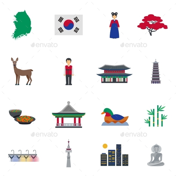 Korean Culture Symbols Flat Icons Set