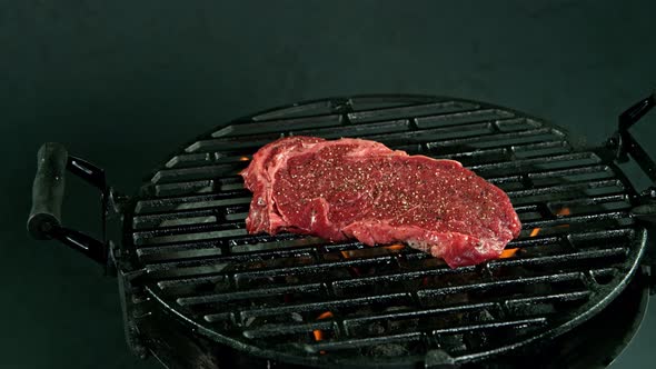 Super Slow Motion Shot of Fresh Beef Meat Falling on Grill at 1000 Fps