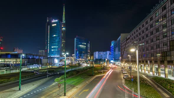 Milan Skyline with Modern Skyscrapers in Porta Nuova Business District Night Timelapse Hyperlapse in