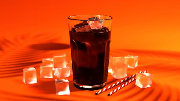 A glass of ice-cold cola. Soda with ice cubes and straws. Summer refreshment.