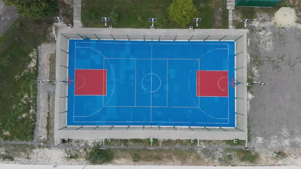 Aerial vertical shot of basketball court.