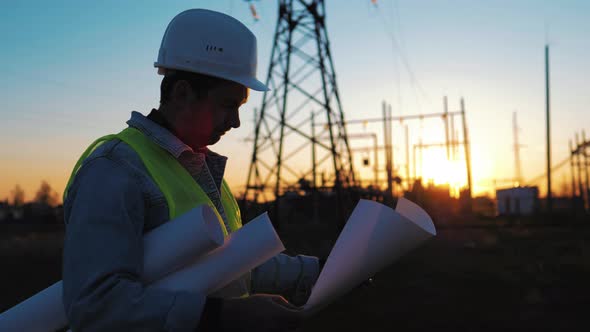 Architect Worker Checking Construction Project On Electric Tower