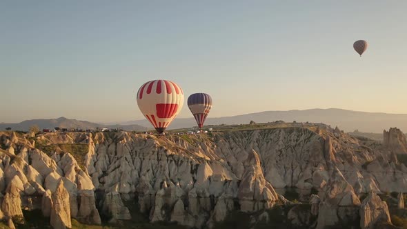 Hot Air Balloons In Flight. Panoramic View. Lovely Valley