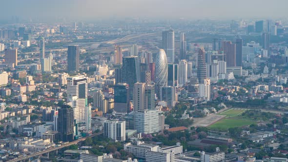 Time lapse of aerial view of Bangkok Downtown Skyline, Thailand. Financial district