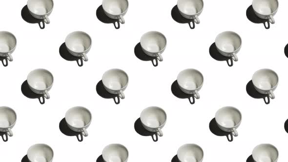 Pattern with Many Empty Tea Cups Animated on White Background