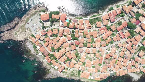 Aerial view of the old town of Sozopol.  Sozopol is an ancient seaside town near Burgas, Bulgaria