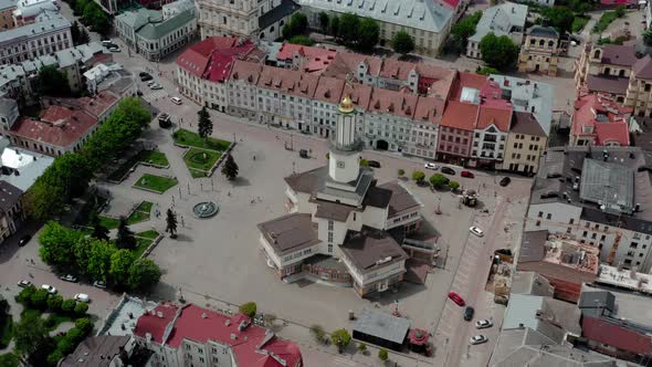 Aerial Drone View Old Historical Buildings of European Town. Center of Ivano Frankivsk City, Ukraine