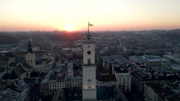 Aerial View of Ukrainian Lviv City Beautiful Old European Architecture