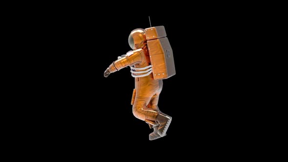 The astronaut is hovering in a relaxed pose