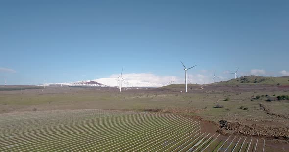 Aerial view of wind turbine farm in a grassland, Golan Heights, Israel.