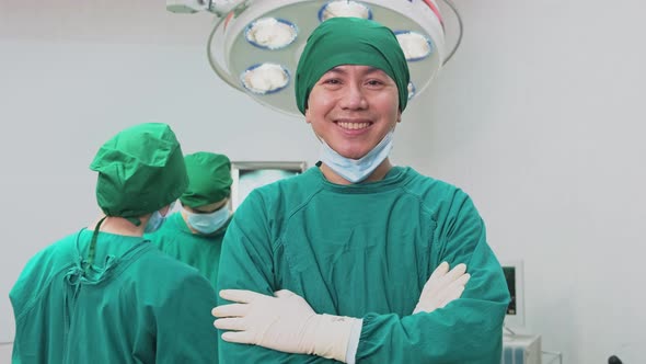 Group of doctors in Hospital Operating Room  feeling glad and clap hands after successful operation.