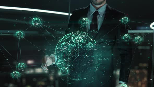 Businessman with Cyber Warfare Hologram Concept