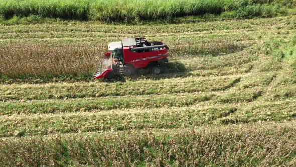 Tractor at rural landscape aerial view. Nature scenery