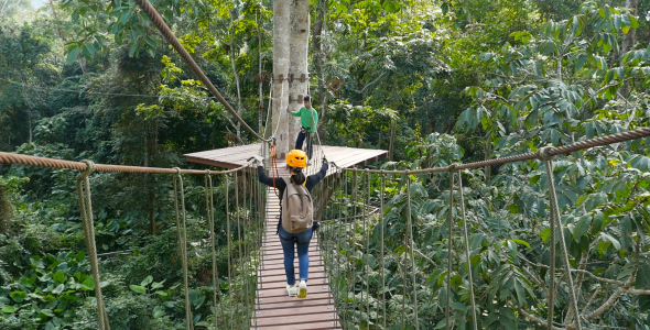 Young Woman Walking On The Rope Bridge