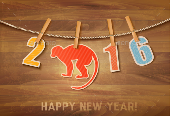 2016 with a Monkey on Wooden Background