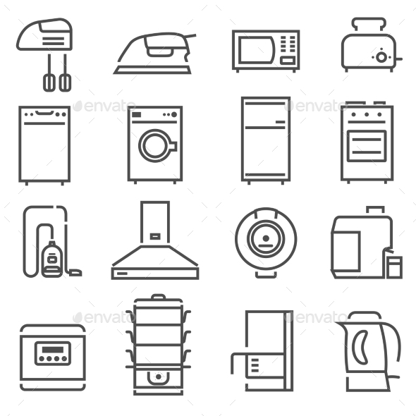 House Appliances Black White Icons Set