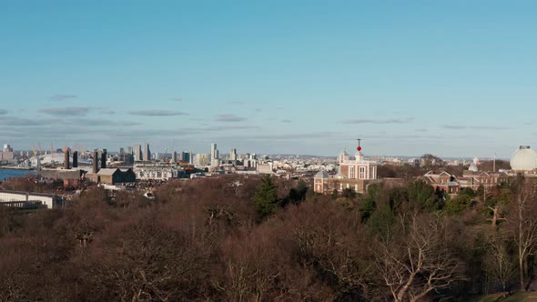 Rising drone shot greenwich observatory looking east towards The O2