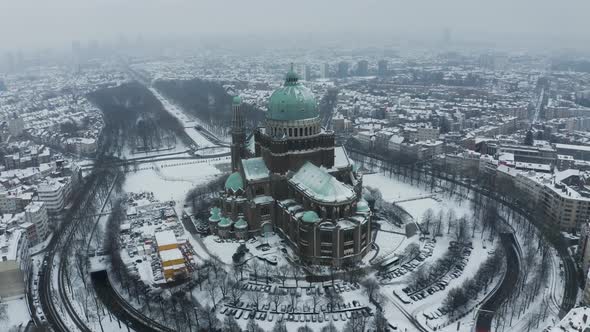 Aerial view of Basilique National du Sacre Coeur a Koekelberg, Belgium.