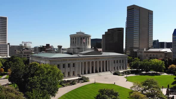 Ohio Statehouse in downtown Columbus Ohio - aerial drone footage