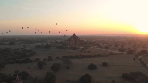 Aerial view of hot balloons in the Old Bagan temple site.