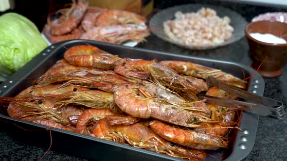 Shrimp tray, with ingredients on the sides in home cooking during Christmas