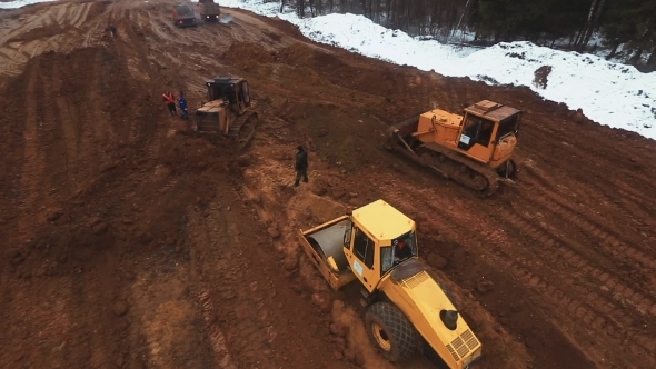 Aerial Shot Crawler Tractor In Road Construction