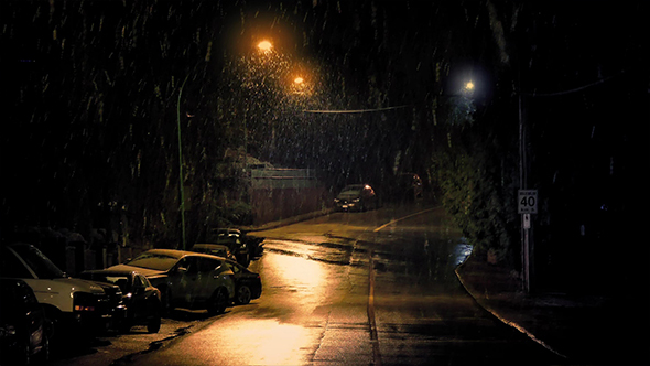 Snow Falling On Road In The City alt