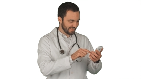 Happy Doctor Using His Smartphone  On White