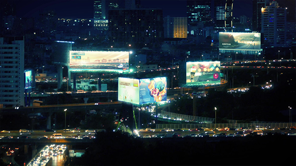 City Landscape With Roads And Billboards At Night