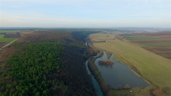 Aerial View Over The Forest And Lake