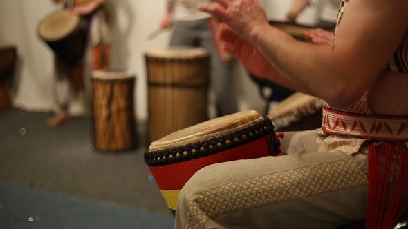 Musical Group Plays Ethnic Drums Djembe