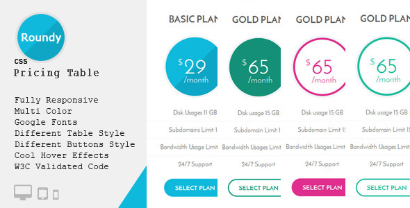 Roundy - CSS3 Responsive Pricing Table
