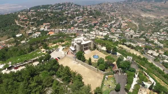 Orbit Shot Of Remarkable Palace On Top Of Old Village Aerial Landscape , Baissour, Lebanon