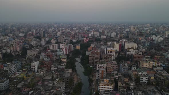 Smoggy air pollution hanging over Dhaka skyline, Bangladesh, drone view