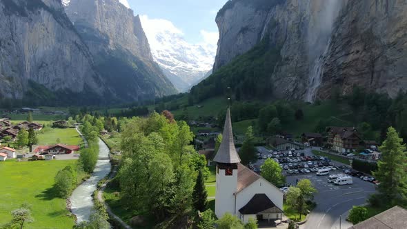 Aerial view of a little church in Lauterbrunnen village, Switzerland, Europe