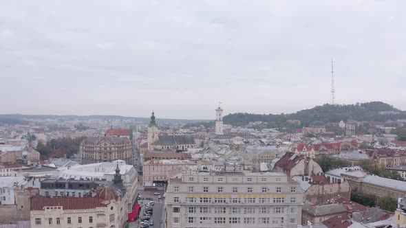 Aerial Drone Footage of European City Lviv Ukraine Flight Above Popular Ancient Part of Old Town