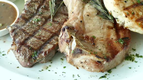 Grilled pork chop meat steak with vegetable