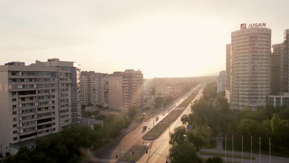 Aerial View of the Road Traffic and Lake in Almaty Kazakhstan