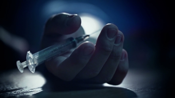Junkie Hand With Syringe Pricked Heroin Drugs 