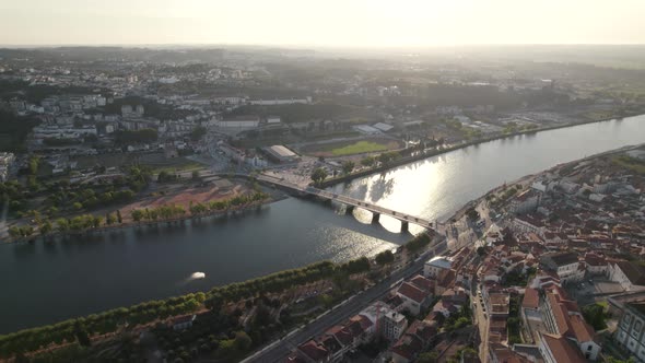 Ponte de Santa Clara, bridge over Mondego River, Coimbra, Portugal. Scenic aerial