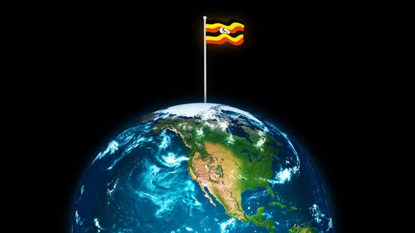 3d Rotated Planet Earth On Flying Uganda Flag Animation