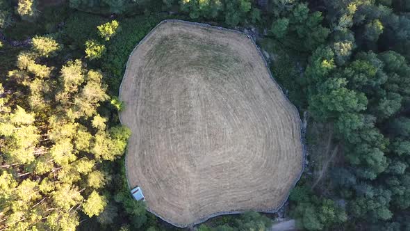 Aerial view of field surrounded by trees in Peneda Geres National Park, Portugal, Europe, circling g