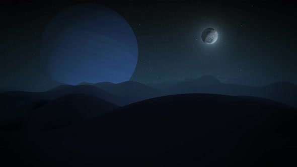 View of the Neptune planet from mountainous surface one of its many moons.