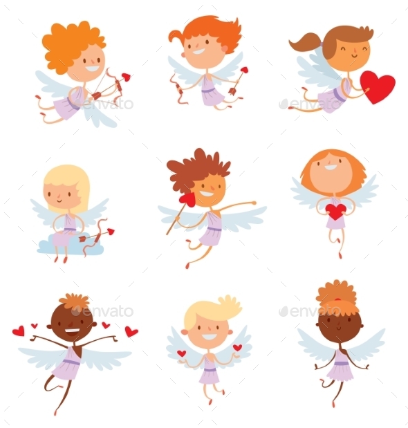 Valentine Day Cupid Angels Cartoon Style Vector