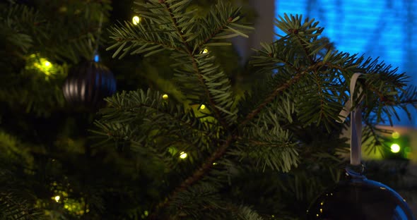 Vintage ornaments hanging on the Christmas tree surrounded by pine needles. Closeup