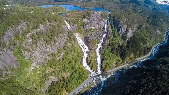 Aerial Footage Latefossen Waterfall Norway